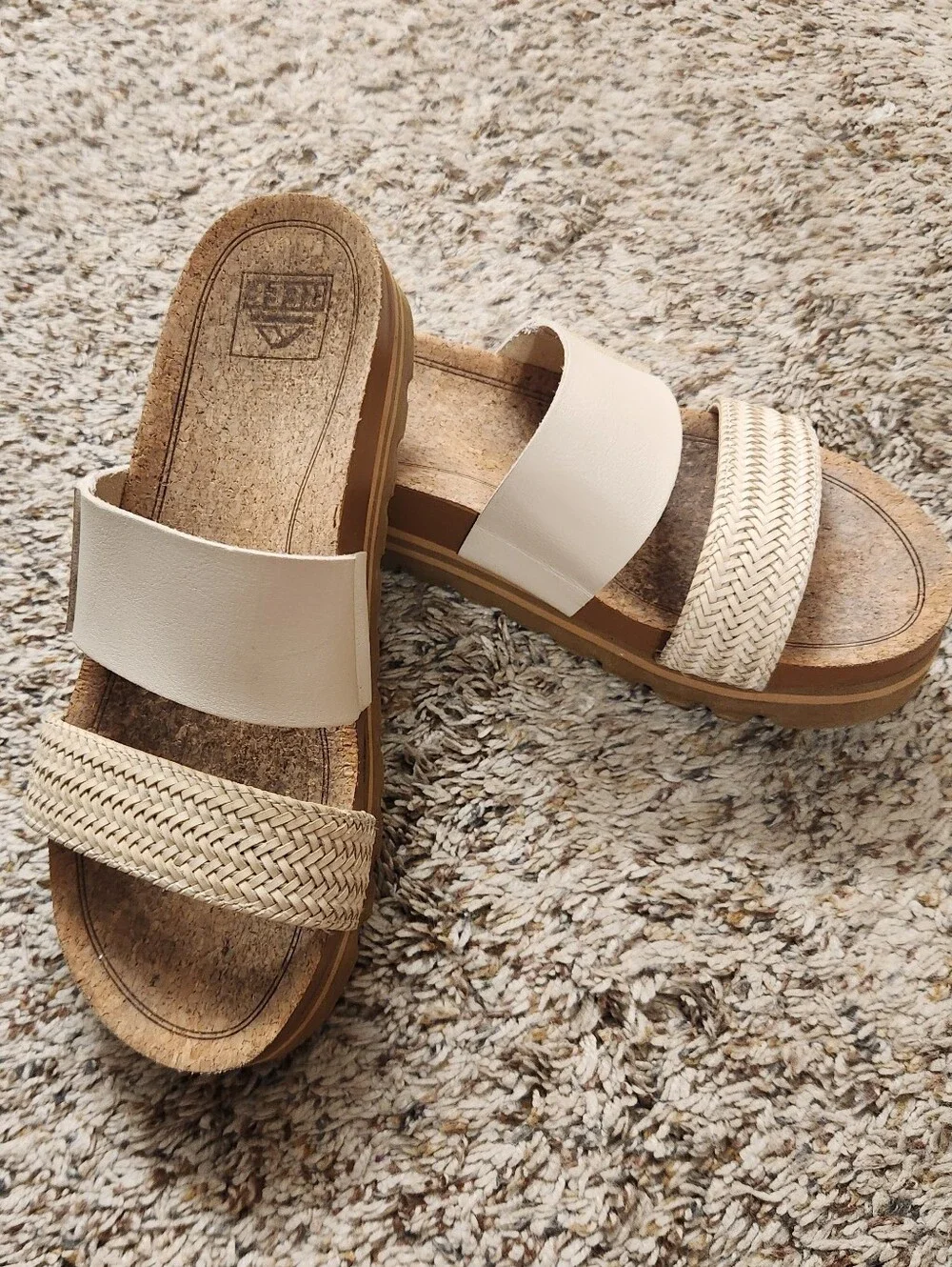Reef Cream Two-Band Slide Sandals with Woven Detail